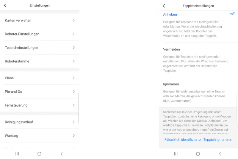 Teppicheinstellung wird in der Roborock S7 App ausgewählt
